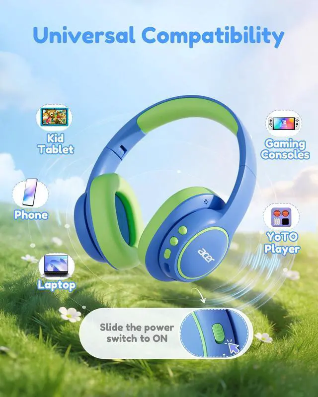 Alt view image 6 of 7 - OHR702 Kids Bluetooth Headphones for School with Built-in Mic,Over-Ear | 75H Playtime, Bluetooth 6.0, 3.5mm Jack Aux Cord, 85dBA Safe Volume, USB-C Fast Charging, for iPad/Travel/Tablet- Blue Green