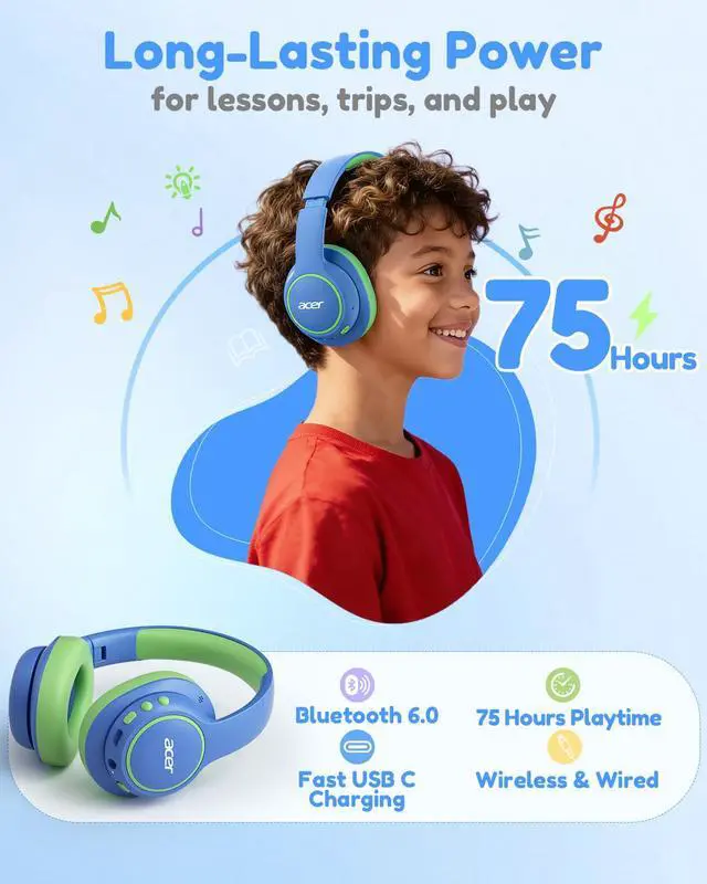 Alt view image 5 of 7 - OHR702 Kids Bluetooth Headphones for School with Built-in Mic,Over-Ear | 75H Playtime, Bluetooth 6.0, 3.5mm Jack Aux Cord, 85dBA Safe Volume, USB-C Fast Charging, for iPad/Travel/Tablet- Blue Green