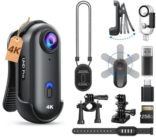 Main image of W4 4K Mini Body Camera, 256GB Waterproof Case Wearable Camera | magnetic clip, quick-mount accessories and 96 Minutes recording for lecture, travel, biking and outdoor activities