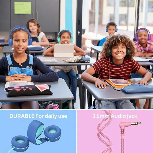 Alt view image 2 of 7 - Kids Headphones Bulk 5-Pack for School Classroom with Mic, 93dB | Volume Limited K-12 On-Ear Durable Headset for Everyday Students Children, 3.5mm Jack for Chromebooks Tablets Laptop Computer