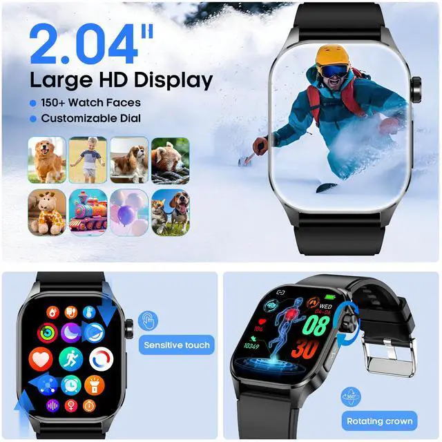 Alt view image 2 of 7 - Smart Watch for Men Women, 2.04" AMOLED Fitness Tracker with Bluetooth Call, Heart Rate SpO2 Blood Pressure HRV Sleep Stress, 150 Sports Modes, IP68 Waterproof for Android iOS (Black)