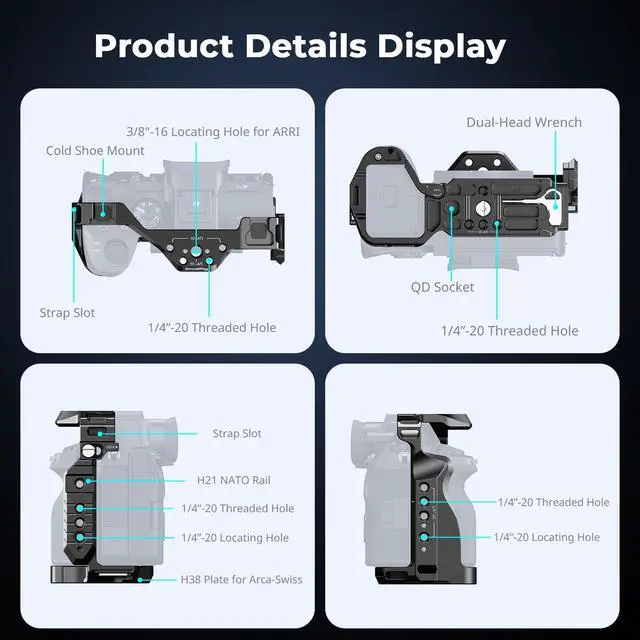 Alt view image 2 of 7 - HawkLock Quick Release Full Cage for Sony Alpha 7R V/Alpha 7 IV/Alpha 7S III/Alpha 1 / Alpha 7R IV/Alpha 7 V, Built-in Quick Release Plate for Arca, Cold Shoes (Upgraded Version)
