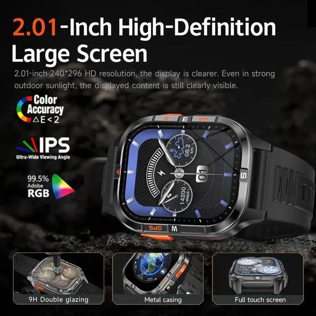 Alt view image 4 of 7 - Military Smart Watches for Men with GPS/Compass/Altitude/Flashlight,2.01" HD Screen,Voice Assistant,Answer/Make Calls,Smart watch for Android iOS,Heart Rate Sleep Monitor,Smartwatch 120+ Sport Modes