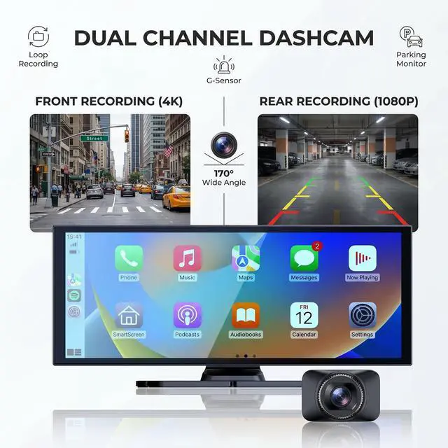 Alt view image 4 of 7 - 11" Carplay Screen for Car,Car Tablet for Apple Android Auto | 4K Dash Cam,Rear Backup Camera,Voice Touch Control,GPS Navigation,Bluetooth,Portable Wireless Mirror for Truck,Stereo Radio
