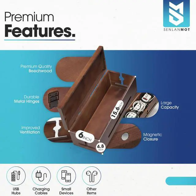 Alt view image 2 of 7 - Wooden Cable Management Box Modern Wire Organizer Box & Power Strip Cover for Home or Office | Large Cable Hider for Wires, Chargers & Extension Leads