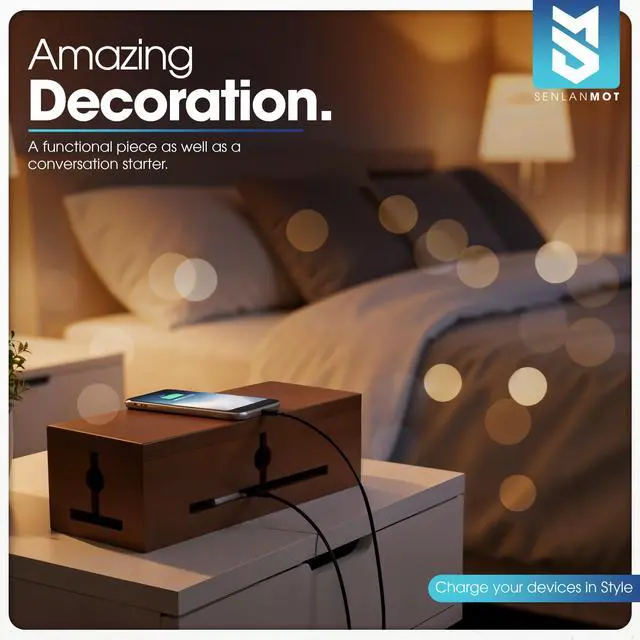 Alt view image 6 of 7 - Wooden Cable Management Box Modern Wire Organizer Box & Power Strip Cover for Home or Office | Large Cable Hider for Wires, Chargers & Extension Leads