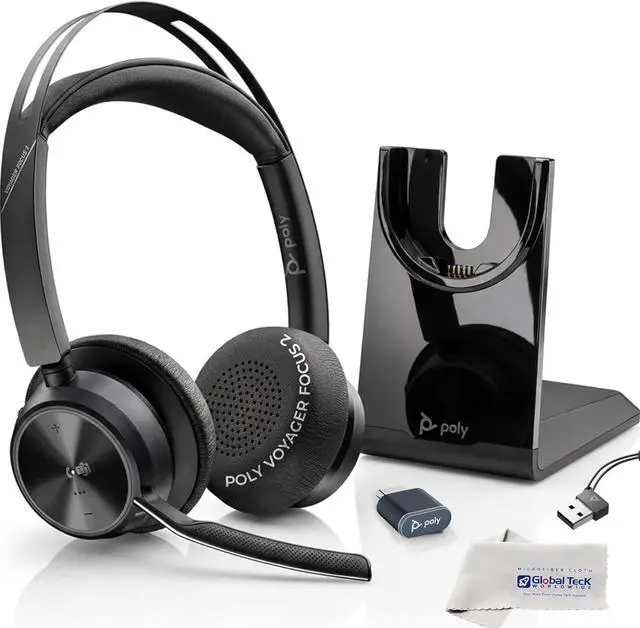 Main image of Plantronics Poly Voyager Focus 2 MS Wireless Headphones with Headset Stand, Compatible for Teams, Phones Calls, Zoom, Noise Cancelling Wireless Headset with Mic for Work, Over The Ear, GTW Microfiber