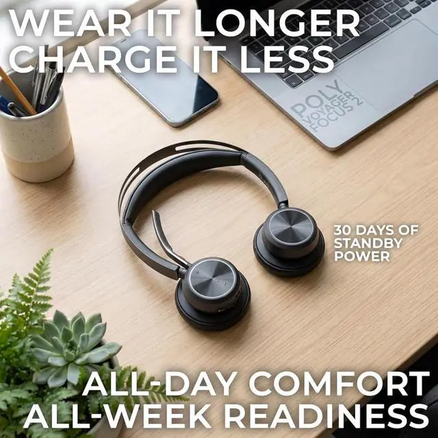 Alt view image 4 of 7 - Plantronics Poly Voyager Focus 2 MS Wireless Headphones with Headset Stand, Compatible for Teams, Phones Calls, Zoom, Noise Cancelling Wireless Headset with Mic for Work, Over The Ear, GTW Microfiber