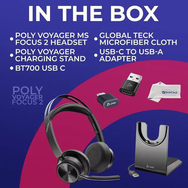 Alt view image 6 of 7 - Plantronics Poly Voyager Focus 2 MS Wireless Headphones with Headset Stand, Compatible for Teams, Phones Calls, Zoom, Noise Cancelling Wireless Headset with Mic for Work, Over The Ear, GTW Microfiber