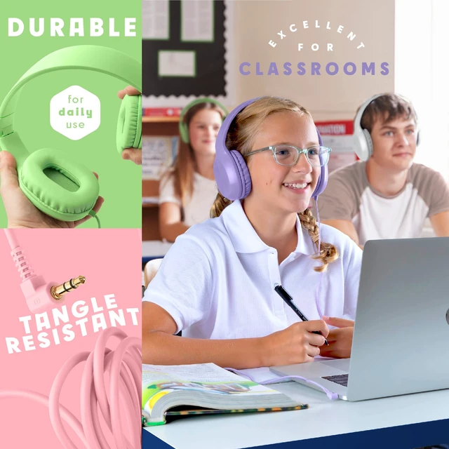 Alt view image 2 of 7 - Kids Headphones for School Bulk Set 5-Pack On-Ear, 3.5mm, Wired Headphones for Schools & Libraries Adjustable, Cushioned Wired Kids, (Mixed Colors)