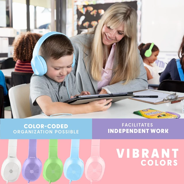 Alt view image 6 of 7 - Kids Headphones for School Bulk Set 5-Pack On-Ear, 3.5mm, Wired Headphones for Schools & Libraries Adjustable, Cushioned Wired Kids, (Mixed Colors)