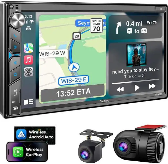 Main image of Double Din Car Stereo with Dash Cam - Voice Control Carplay, Android Auto, Steering Wheel Controls, 7" HD Touchscreen, Backup Camera, Bluetooth, Mirror Link, Subw, USB/TF/AUX, AM/FM Radio Receiver