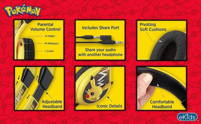 Alt view image 3 of 7 - Pokemon Pikachu Wired Kids Headphones, Adjustable, Stereo Sound, 3.5Mm Jack, Tangle-Free, Volume Control, Children's Headband On Ear for School Home, Travel