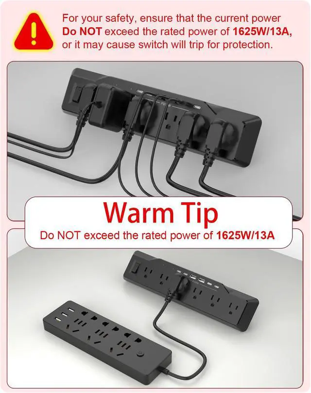 Alt view image 7 of 7 - Desk Clamp Power Strip Surge Protector, 6 Outlets, Flat Plug, 1800J, 4 USB-C Ports (Any Port 35W), for Home & Office, Flame-Retardant PC-ABS Housing, Fits 1.96" Desk Edge, Black