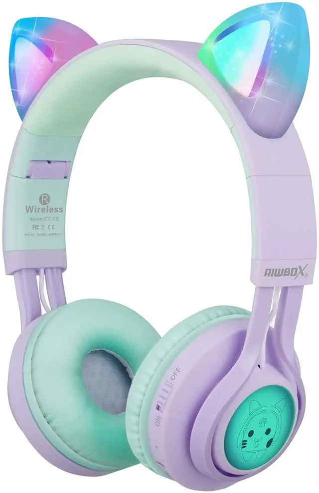 Main image of Kids Wireless Headphones, CT-7S Cat Ear Bluetooth, 85dB Volume Limiting, LED Light Up Over Ear with Microphone for Laptop/PC/TV (Purple&Green)