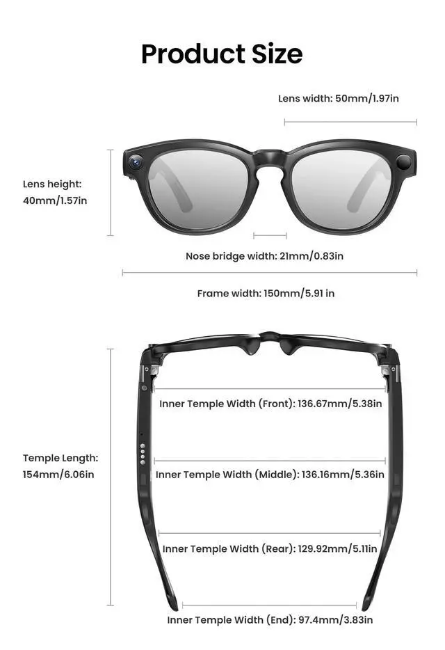 Alt view image 2 of 7 - AI Smart Glasses with Camera and Bluetooth 8MP HD Camera Glasses for Men & Women, Video Recording Glasses with Voice Assistant, 141-Language Real-Time Translation, for Travel, Work, Music, Vlog