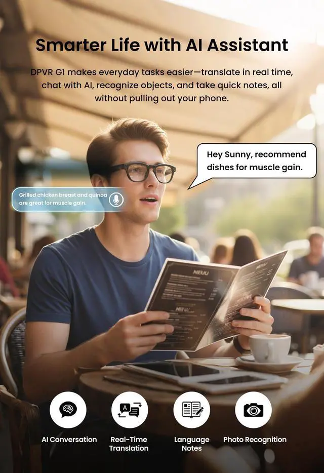 Alt view image 5 of 7 - AI Smart Glasses with Camera and Bluetooth 8MP HD Camera Glasses for Men & Women, Video Recording Glasses with Voice Assistant, 141-Language Real-Time Translation, for Travel, Work, Music, Vlog