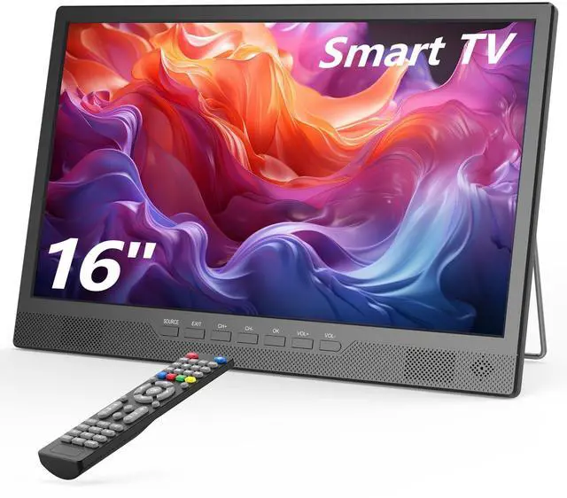 Main image of 16" Small Smart TV, LCD Small Kitchen TV with WiFi | Bulit-in 180°Adjustable Stand/ATSC Tuner/HDMI/USB/AV for Camping, Bedroom, RV, Patio, Indoor & Outdoor Use