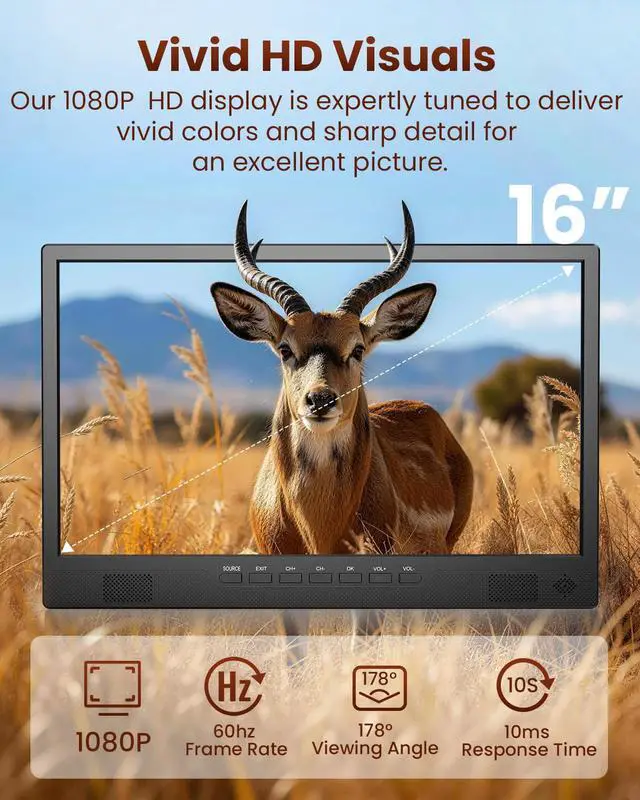 Alt view image 3 of 7 - 16" Small Smart TV, LCD Small Kitchen TV with WiFi | Bulit-in 180°Adjustable Stand/ATSC Tuner/HDMI/USB/AV for Camping, Bedroom, RV, Patio, Indoor & Outdoor Use