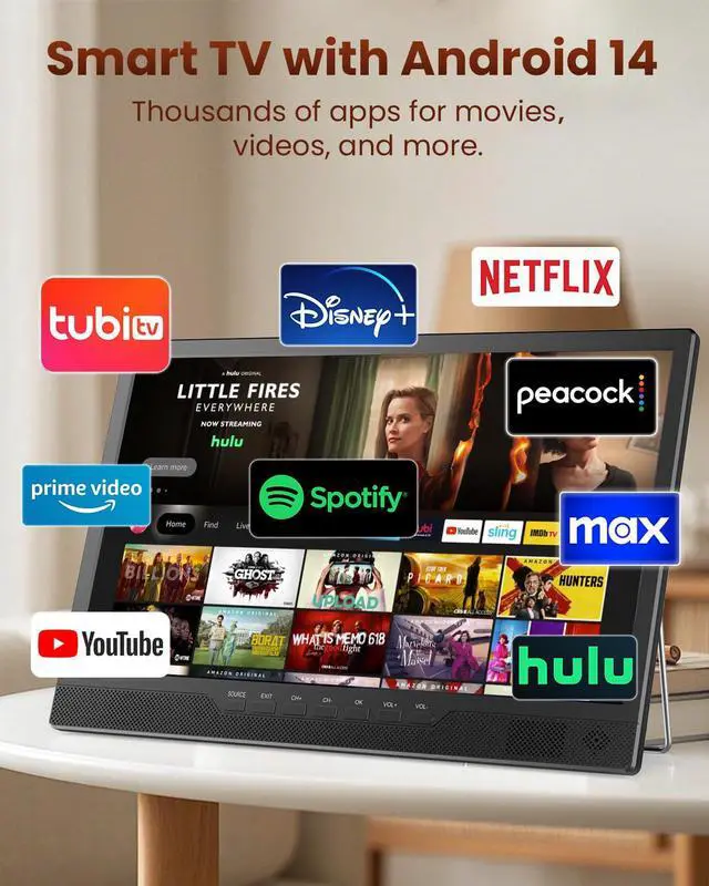 Alt view image 2 of 7 - 16" Small Smart TV, LCD Small Kitchen TV with WiFi | Bulit-in 180°Adjustable Stand/ATSC Tuner/HDMI/USB/AV for Camping, Bedroom, RV, Patio, Indoor & Outdoor Use
