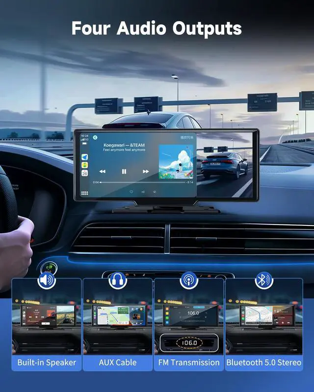 Alt view image 2 of 6 - 10.26" Wireless Carplay Screen for Car with 4K Dash Cam, Portable Apple Carplay & Android Auto Touchscreen with 1080p Backup Camera/Mirror Link/Voice Control/GPS/Bluetooth,for All Vehicles