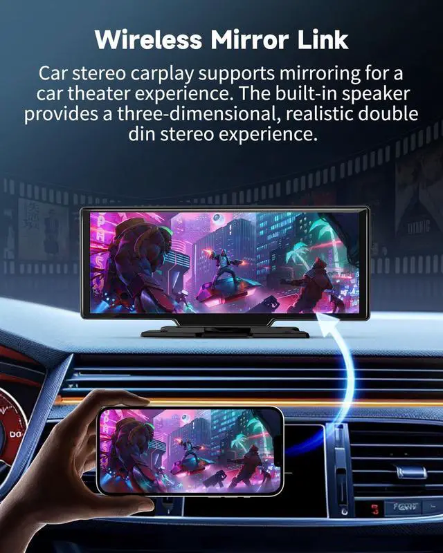 Alt view image 4 of 6 - 10.26" Wireless Carplay Screen for Car with 4K Dash Cam, Portable Apple Carplay & Android Auto Touchscreen with 1080p Backup Camera/Mirror Link/Voice Control/GPS/Bluetooth,for All Vehicles