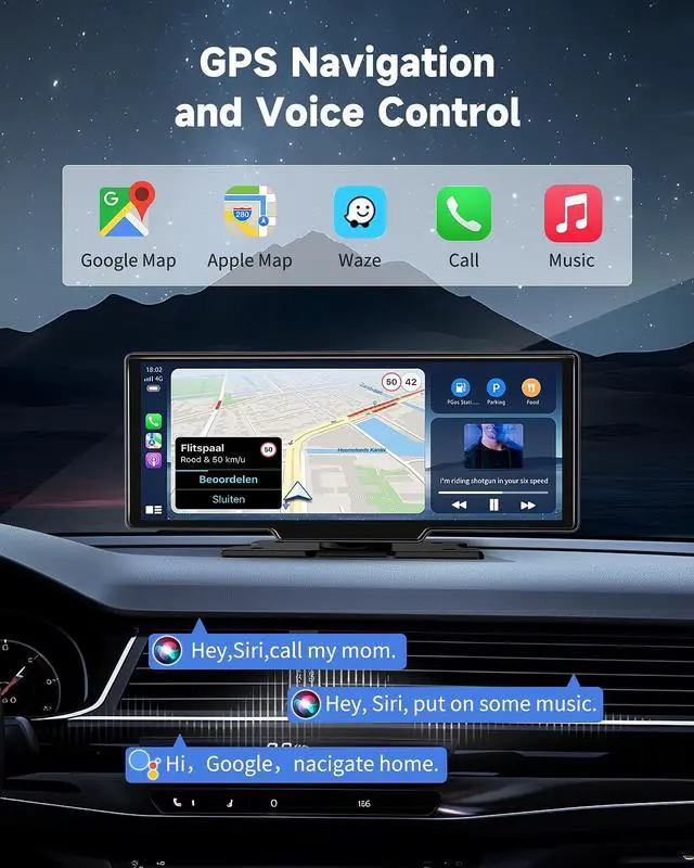 Alt view image 6 of 6 - 10.26" Wireless Carplay Screen for Car with 4K Dash Cam, Portable Apple Carplay & Android Auto Touchscreen with 1080p Backup Camera/Mirror Link/Voice Control/GPS/Bluetooth,for All Vehicles