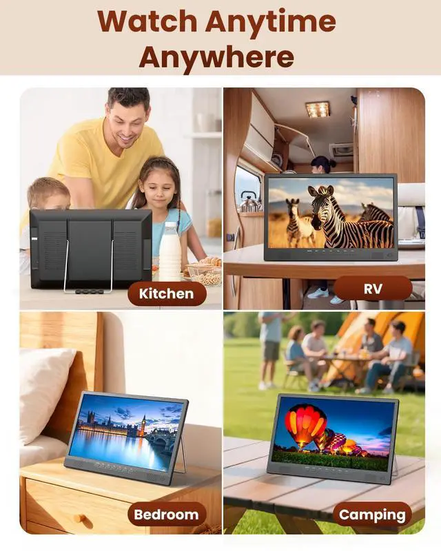 Alt view image 7 of 7 - 16" Small Smart TV, LCD Small Kitchen TV with WiFi | Bulit-in 180°Adjustable Stand/ATSC Tuner/HDMI/USB/AV for Camping, Bedroom, RV, Patio, Indoor & Outdoor Use