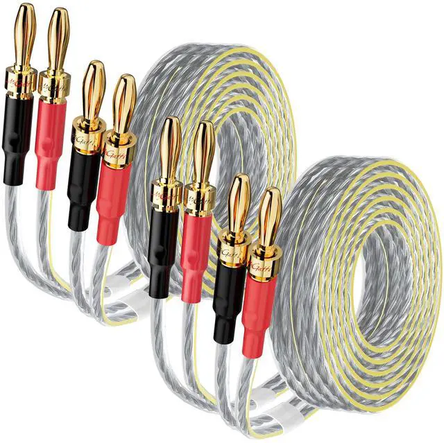 Main image of 2 Pack 16/2 Speaker Flat Wire Cable with Banana Tip Plugs 10 FT, 16 Gauge AWG Wire, Tinned OFC Copper, Transparent Jacket with Yellow Polarity Marker, for Indoor & Outdoor, Hi-Fi
