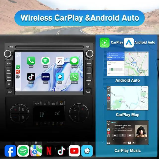 Alt view image 3 of 7 - Android Car Stereo for Chevy Silverado GMC Sierra Yukon 2007-2013 | Touch Screen Silverado 1500 Radio Replacement with GPS Navigation CarPlay Android Auto Multimedia Video Player - 2GB+64GB