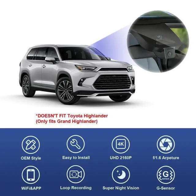 Alt view image 3 of 6 - 4K Dash Cam Suitable for Toyota Grand Highlander 2024-2026 & Hybrid (HD2-0E130), Integrated OEM Look, UHD 2160P Video, Built-in WiFi & APP, Loop Recording, G-Sensor, Plug & Play, 64GB Card