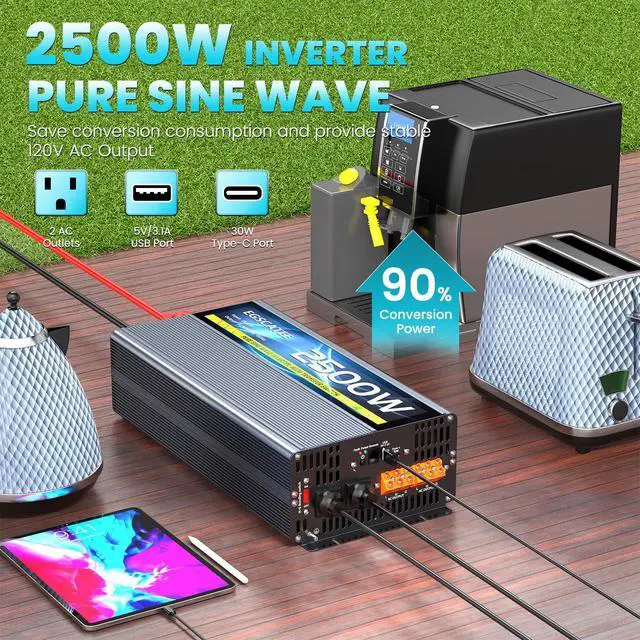 Alt view image 3 of 6 - 2500W Pure Sine Wave RV Inverter with Built-in ATS, 12V DC to 110V/120V AC Power Converter, 5000W Peak, Automatic Shore Power Bypass, Hardwire Ready for RV Electrical Systems, LCD Remote, USB & Type-C