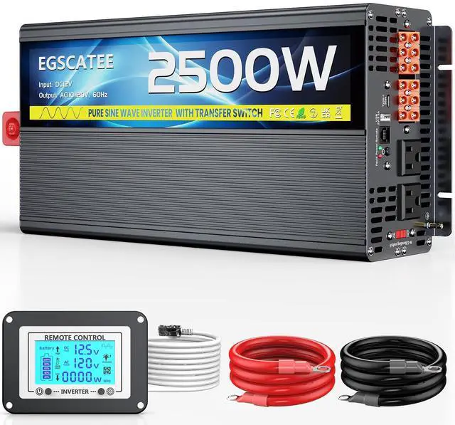 Main image of 2500W Pure Sine Wave RV Inverter with Built-in ATS, 12V DC to 110V/120V AC Power Converter, 5000W Peak, Automatic Shore Power Bypass, Hardwire Ready for RV Electrical Systems, LCD Remote, USB & Type-C