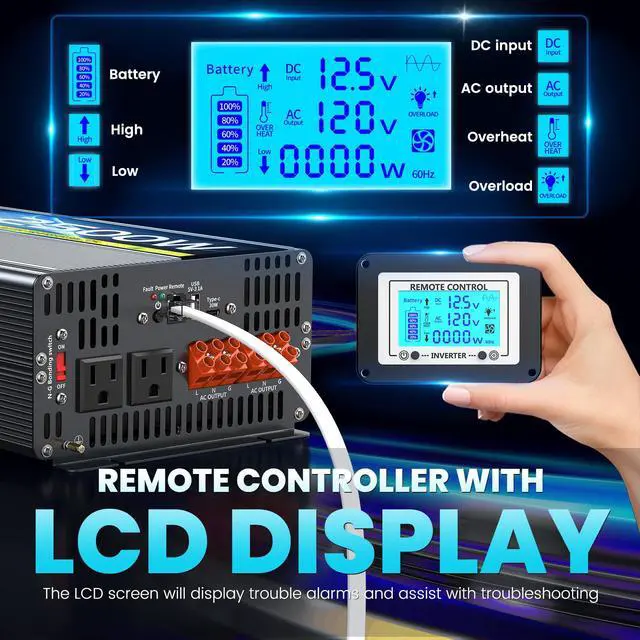 Alt view image 4 of 6 - 2500W Pure Sine Wave RV Inverter with Built-in ATS, 12V DC to 110V/120V AC Power Converter, 5000W Peak, Automatic Shore Power Bypass, Hardwire Ready for RV Electrical Systems, LCD Remote, USB & Type-C