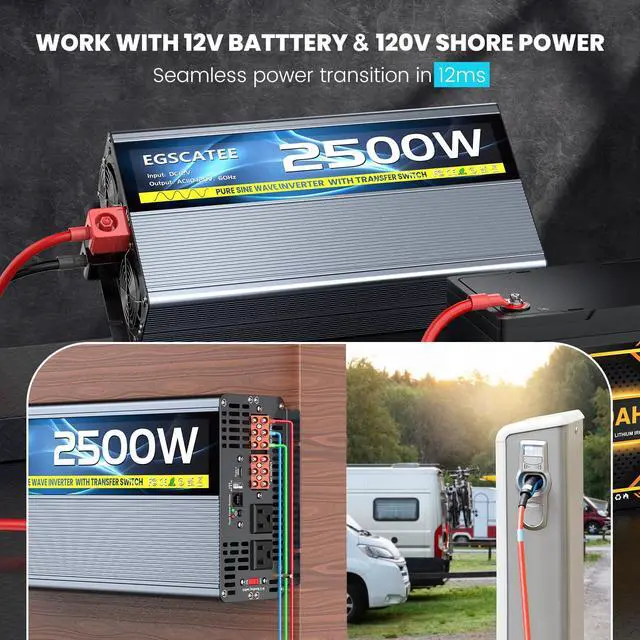 Alt view image 2 of 6 - 2500W Pure Sine Wave RV Inverter with Built-in ATS, 12V DC to 110V/120V AC Power Converter, 5000W Peak, Automatic Shore Power Bypass, Hardwire Ready for RV Electrical Systems, LCD Remote, USB & Type-C