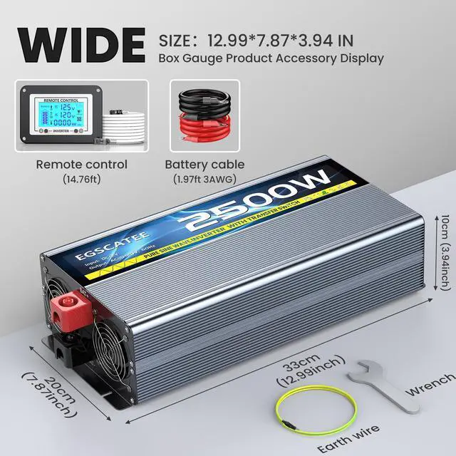 Alt view image 5 of 6 - 2500W Pure Sine Wave RV Inverter with Built-in ATS, 12V DC to 110V/120V AC Power Converter, 5000W Peak, Automatic Shore Power Bypass, Hardwire Ready for RV Electrical Systems, LCD Remote, USB & Type-C