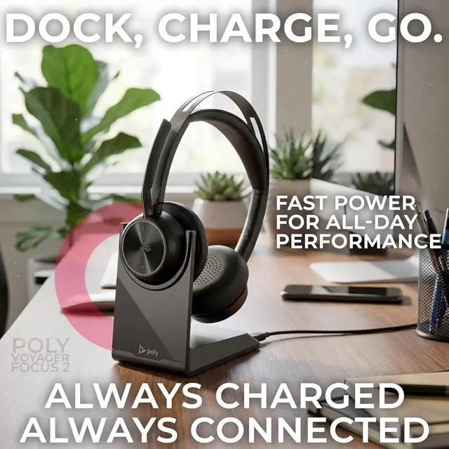 Alt view image 5 of 7 - Plantronics Poly Voyager Focus 2 MS Wireless Headphones with Headset Stand, Compatible for Teams, Phones Calls, Zoom, Noise Cancelling Wireless Headset with Mic for Work, Over The Ear, GTW Microfiber