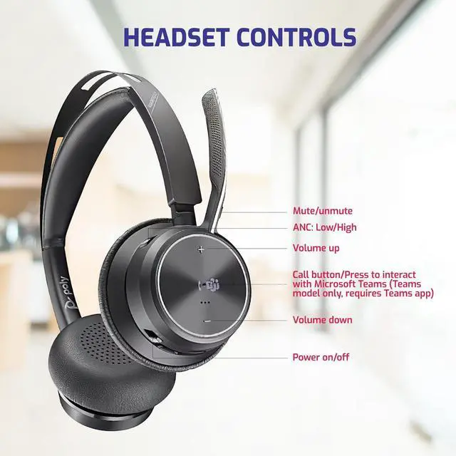 Alt view image 7 of 7 - Plantronics Poly Voyager Focus 2 MS Wireless Headphones with Headset Stand, Compatible for Teams, Phones Calls, Zoom, Noise Cancelling Wireless Headset with Mic for Work, Over The Ear, GTW Microfiber
