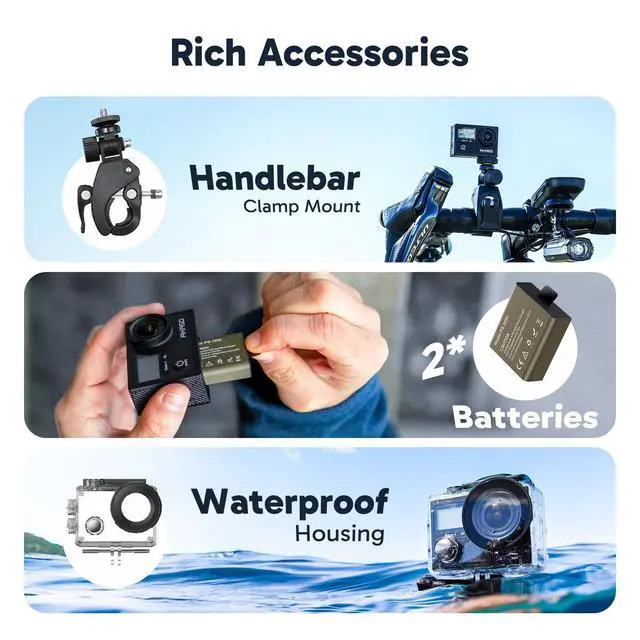 Alt view image 7 of 7 - Brave 4 Action Camera 4K 30fps with 64GB MicroSD Card Bundle | 20MP EIS WiFi 170° FOV 5X Zoom Waterproof Underwater Camera for Snorkel, Travel, Bicycle, Helmet, Motorcycle Accessories Kit