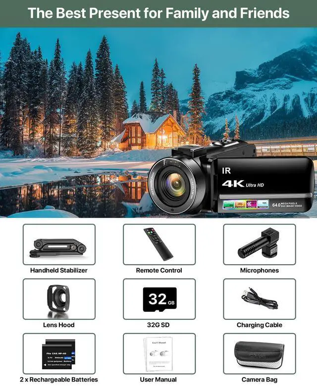 Alt view image 7 of 7 - 4K Video Camera Camcorder 64MP Vlogging Camera for YouTube 3.0" Touch Screen 18X Digital Zoom IR Night Vision with External Stereo Microphone,Remote,Lens Hood,Handheld Stabilizer,32G Card &2 Batteries