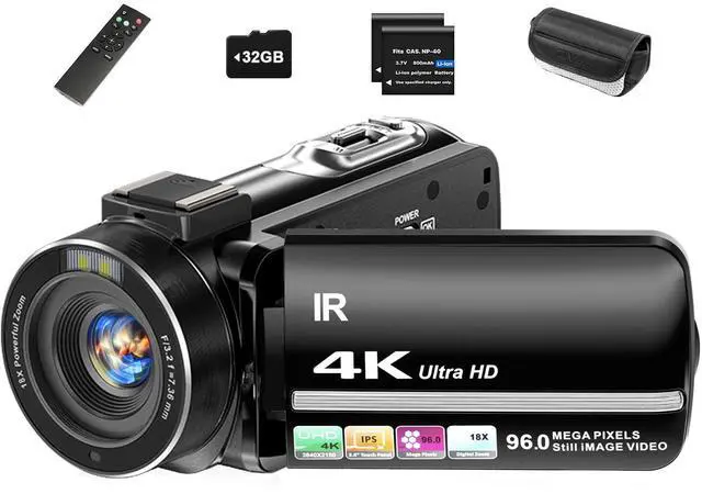 Main image of 4K Video Camera Camcorder 96MP UHD Vlogging Camera for YouTube 18X Digital Zoom 3.0 IPS 270° Rotation Touch Screen Video Recorder with Remote Control, Night Vision, 32GB Card, 2 Batteries