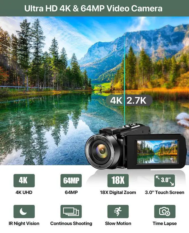 Alt view image 2 of 7 - 4K Video Camera Camcorder 64MP Vlogging Camera for YouTube 3.0" Touch Screen 18X Digital Zoom IR Night Vision with External Stereo Microphone,Remote,Lens Hood,Handheld Stabilizer,32G Card &2 Batteries