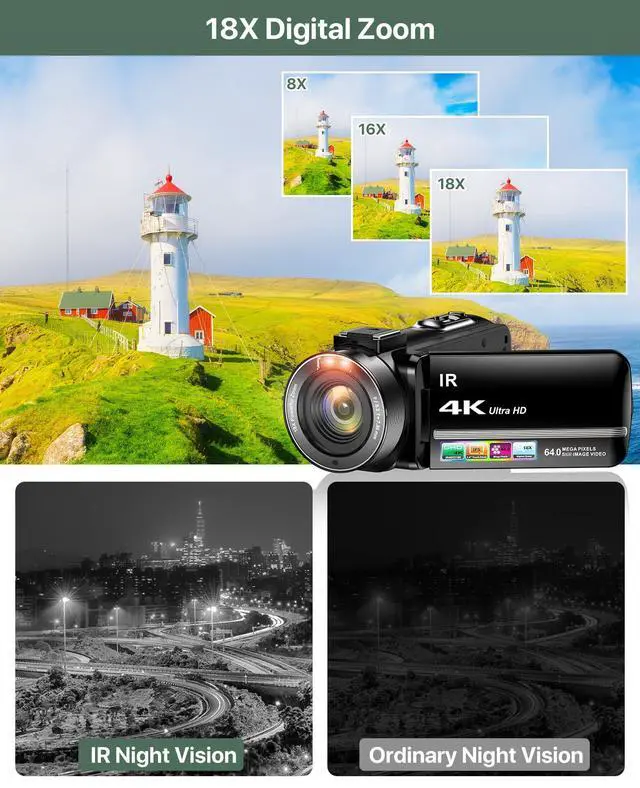 Alt view image 3 of 7 - 4K Video Camera Camcorder 64MP Vlogging Camera for YouTube 3.0" Touch Screen 18X Digital Zoom IR Night Vision with External Stereo Microphone,Remote,Lens Hood,Handheld Stabilizer,32G Card &2 Batteries