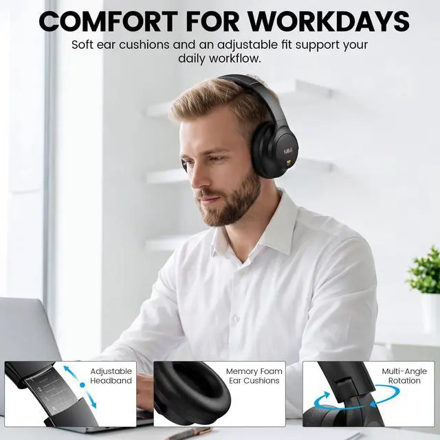 Alt view image 7 of 7 - Y8+ Noise Cancelling Headphones Bluetooth 6.0 Over-Ear Wireless, Black