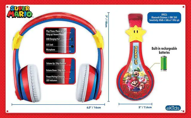 Alt view image 7 of 7 - Super Mario Wireless Bluetooth Portable Kids Headphones with Microphone, Volume Reduced to Protect Hearing Rechargeable Battery, Adjustable Kids Headband for School Home or Travel