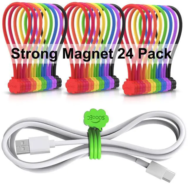 Main image of Magnetic Cable Ties 24 Pack, Cute Cloud 7.2" Silicone 8 Colors | Strong Magnet Hold / Embedded Safe Magnet / Easy Slide Open / Soft Flex Silicone / Multi Use / Smiling Cloud / Fridge Magnet