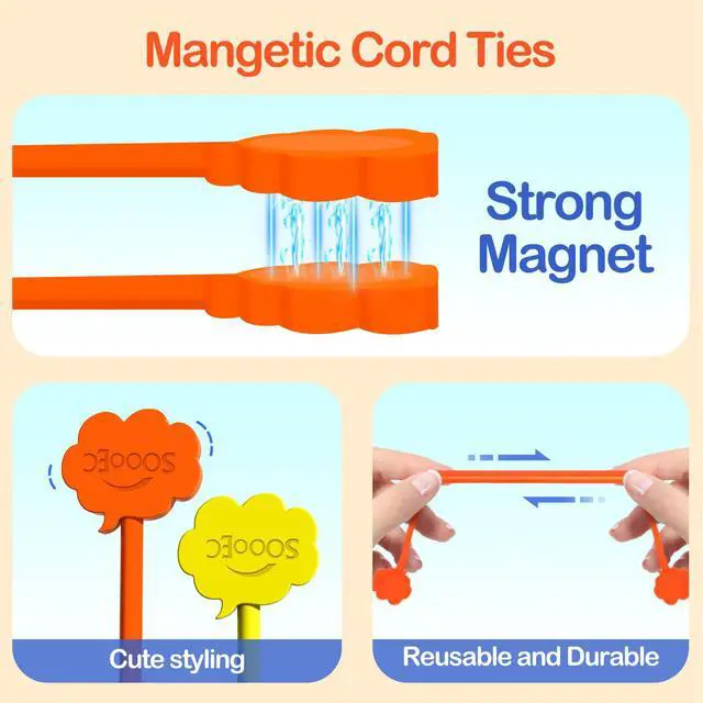 Alt view image 3 of 7 - Magnetic Cable Ties 24 Pack, Cute Cloud 7.2" Silicone 8 Colors | Strong Magnet Hold / Embedded Safe Magnet / Easy Slide Open / Soft Flex Silicone / Multi Use / Smiling Cloud / Fridge Magnet