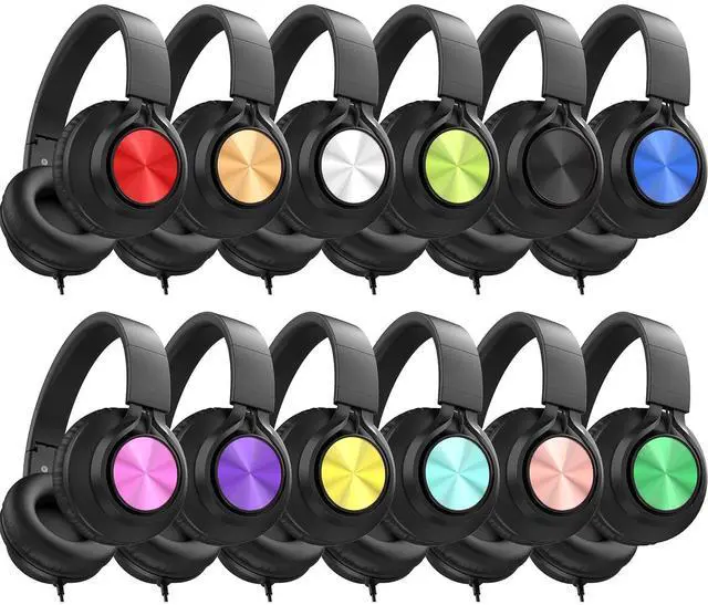 Main image of Headphones Wired 12-Pack Bulk for School Kids Students, Multicolor | K-12 Classroom Use, Adjustable, Foldable, Over-Ear Headsets with Microphone HD Stereo Sound 3.5mm Jack for Chromebook