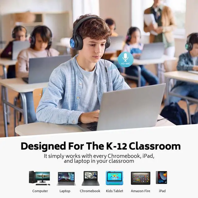 Alt view image 5 of 7 - Headphones Wired 12-Pack Bulk for School Kids Students, Multicolor | K-12 Classroom Use, Adjustable, Foldable, Over-Ear Headsets with Microphone HD Stereo Sound 3.5mm Jack for Chromebook
