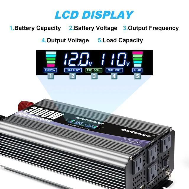 Alt view image 2 of 7 - 3000W Power Inverter 12V to 110V/120V DC to AC with LCD Display | Remote Controller and 4 x AC Outlets Car Adapter for Car Truck Boat RV Off Grid Solar System